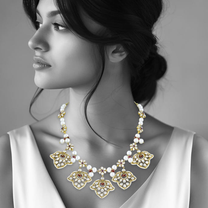 Polki Necklace with Red Floral Motifs & Pearls